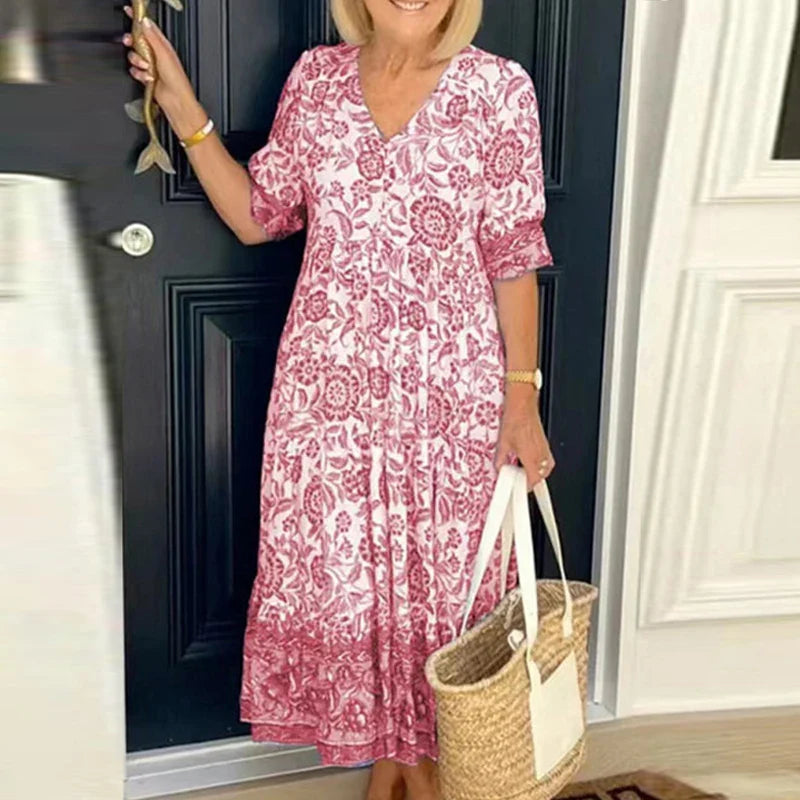 Anna | Damen Boho Maxikleid mit V-Ausschnitt