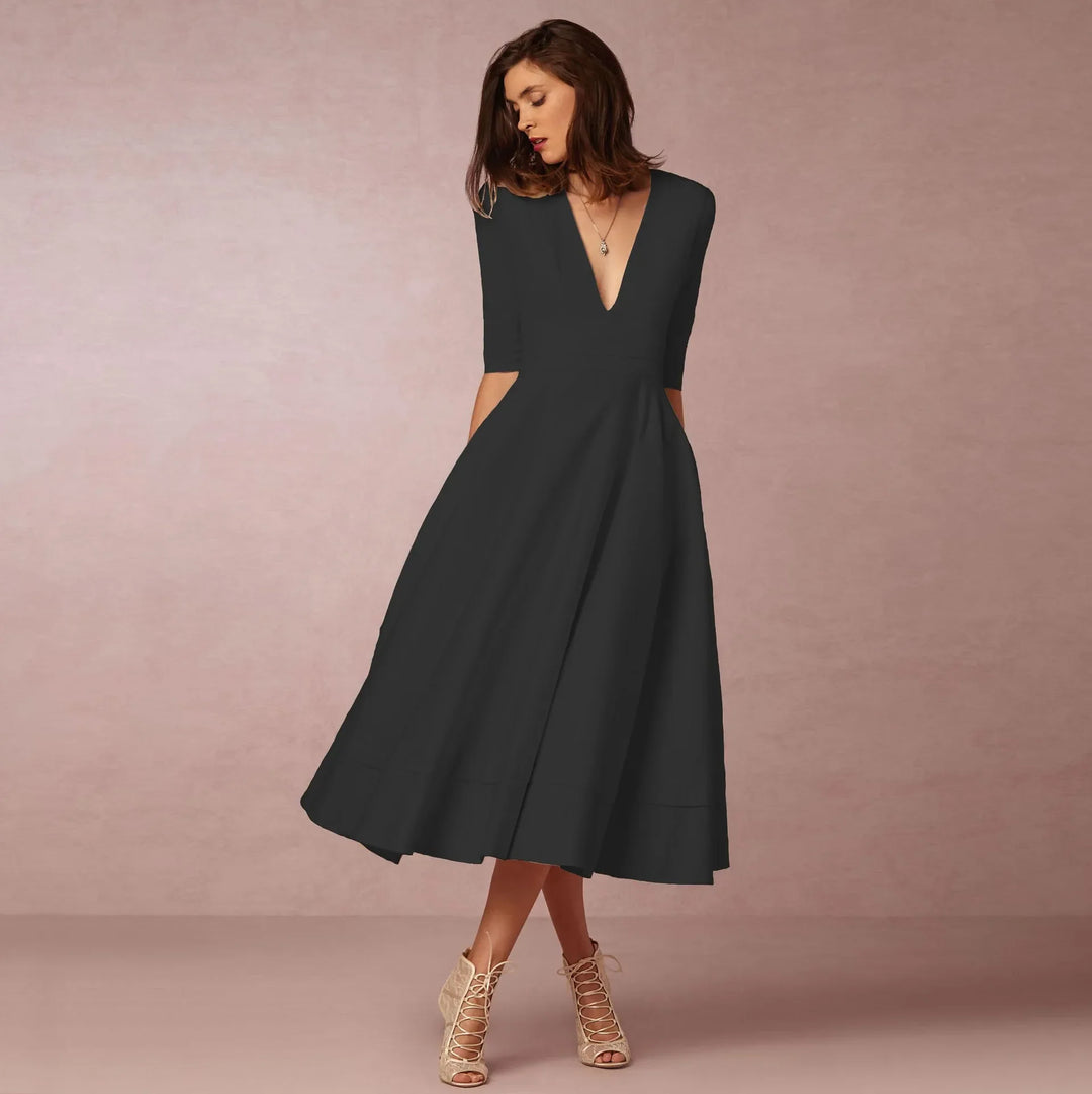 Sofia | Damen Midikleid mit tiefem V-Ausschnitt