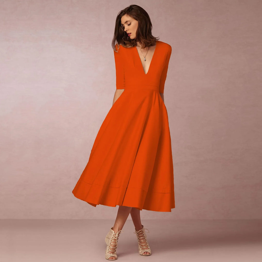 Sofia | Damen Midikleid mit tiefem V-Ausschnitt