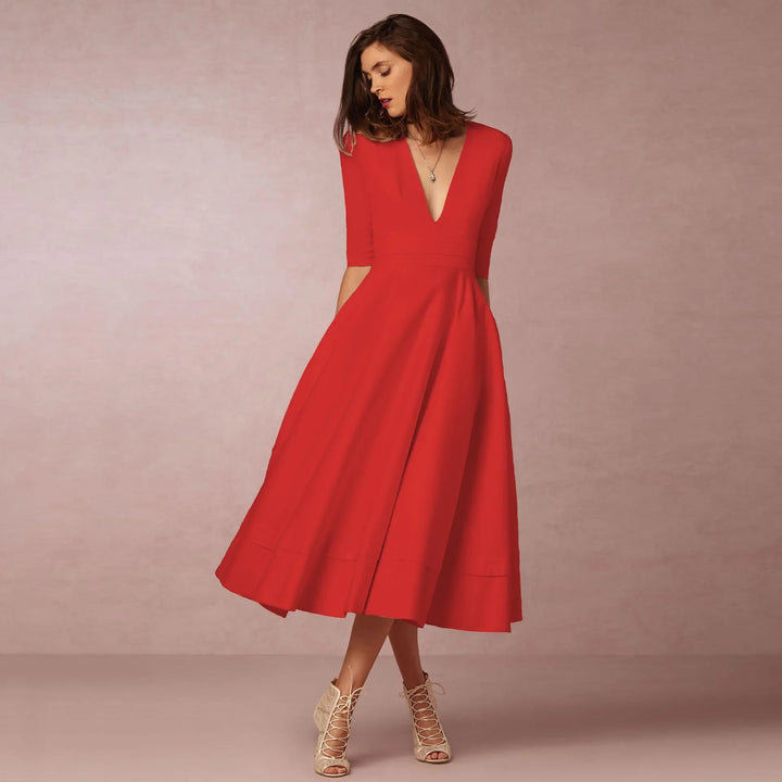 Sofia | Damen Midikleid mit tiefem V-Ausschnitt