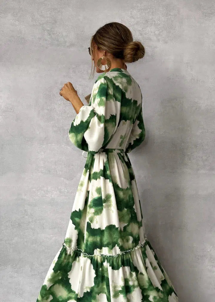 Damen Maxikleid | Langarm | V-Ausschnitt | Elegantes Fließendes Design
