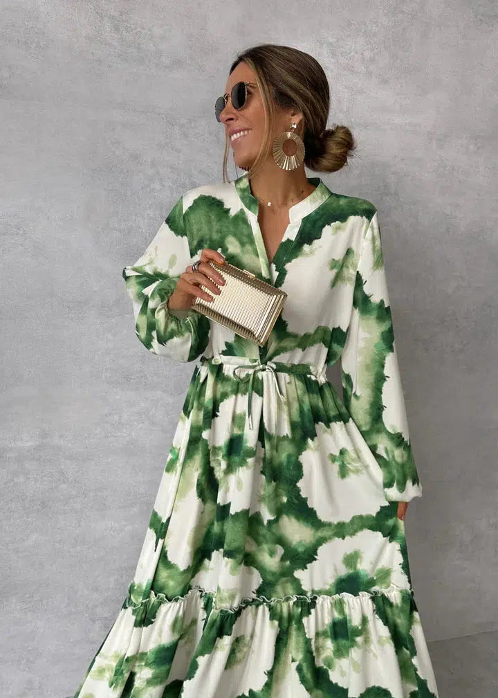 Damen Maxikleid | Langarm | V-Ausschnitt | Elegantes Fließendes Design
